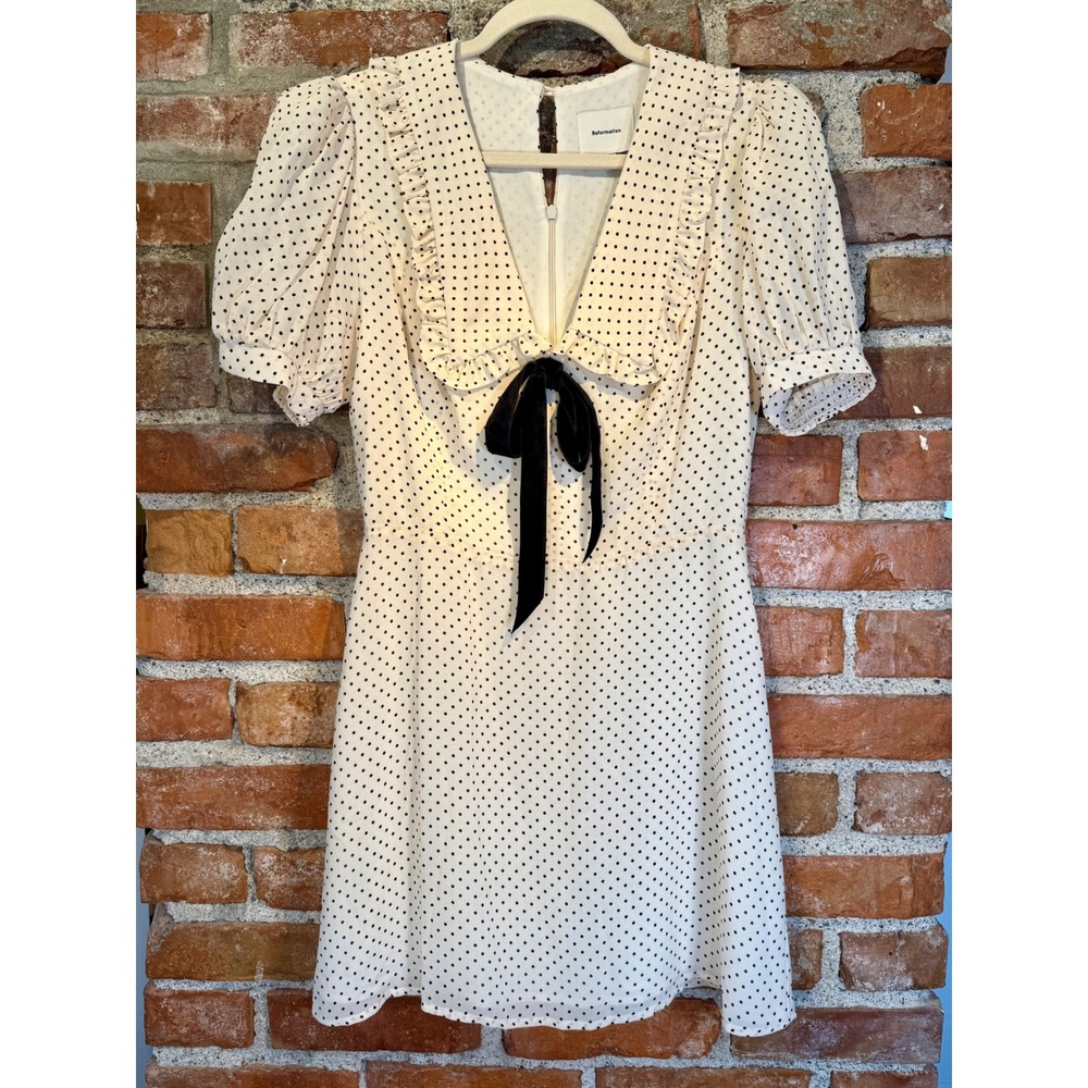 Reformation Cream Mini Dress with Black Polka Dots and Black Bow